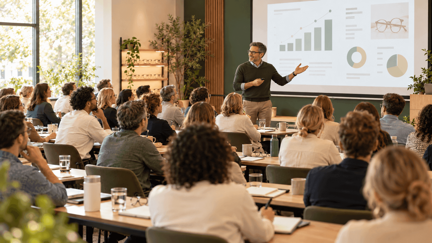 Picture of a man teaching a class of independent opticians how to use digital marketing & AI to grow their business.
