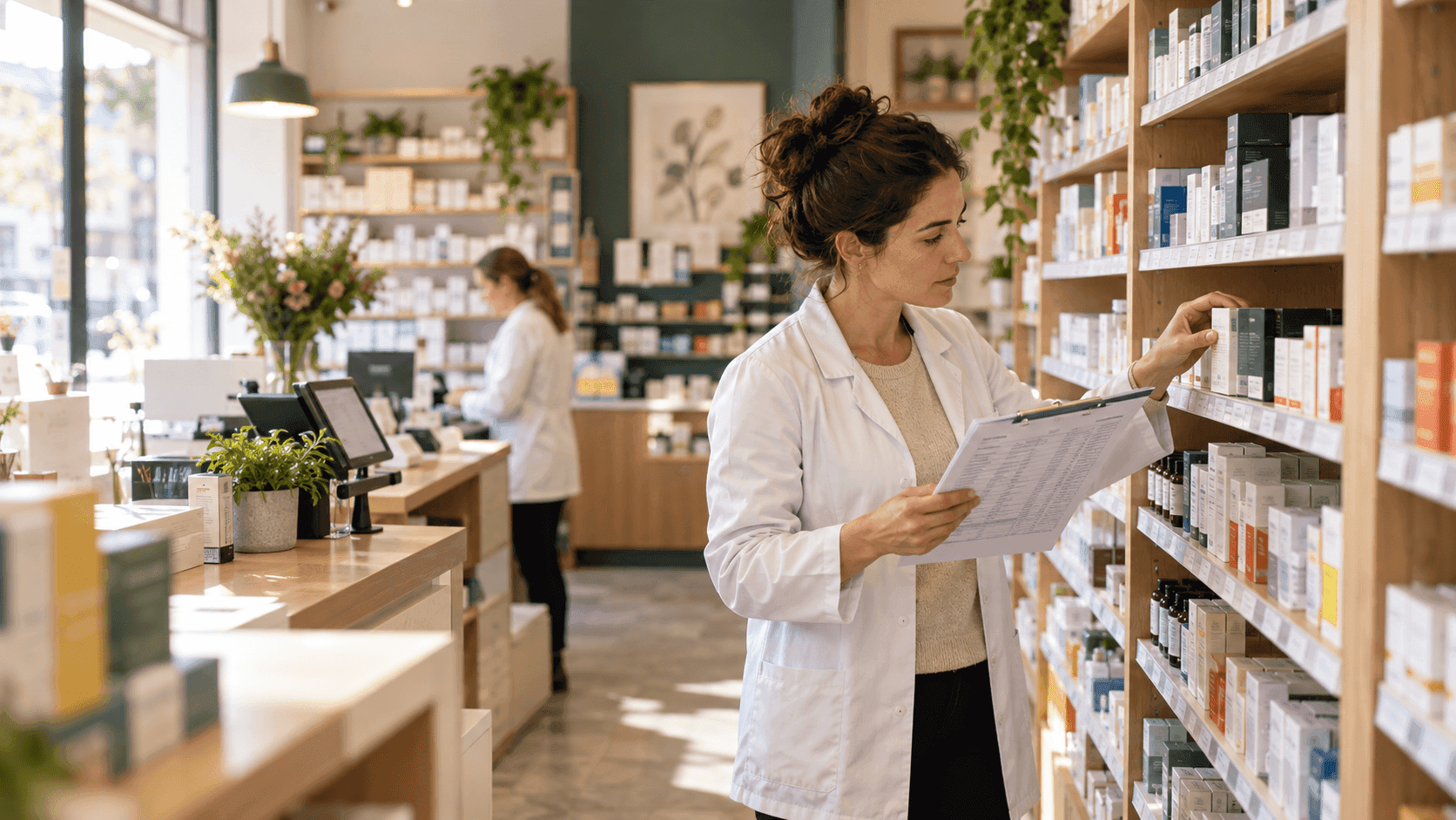 Pharmacist checking stock to make an order of new products